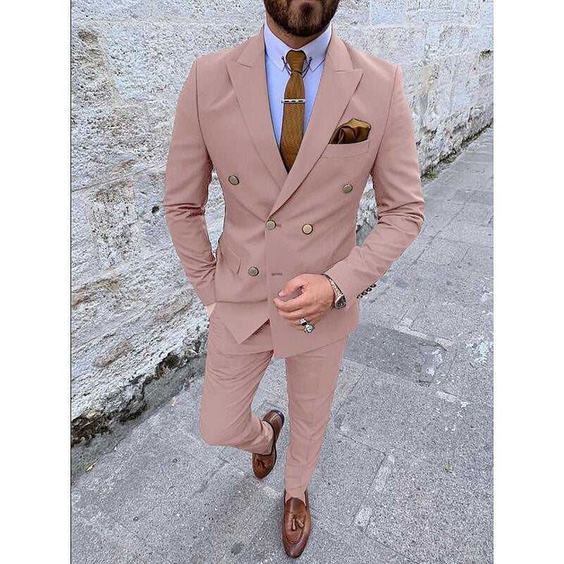 Double Breasted Six-Button Men's Wedding Suit In Solid Colors Tailored Fit 2-Piece Set