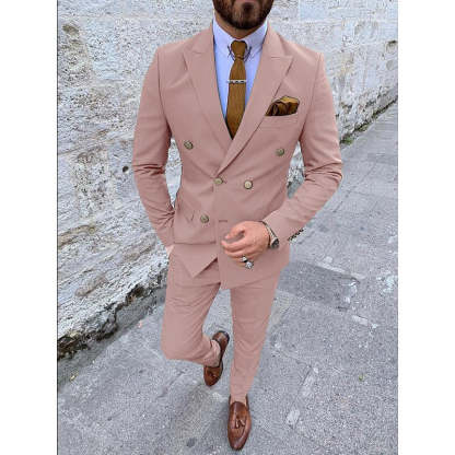Double Breasted Six-Button Men's Wedding Suit In Solid Colors Tailored Fit 2-Piece Set