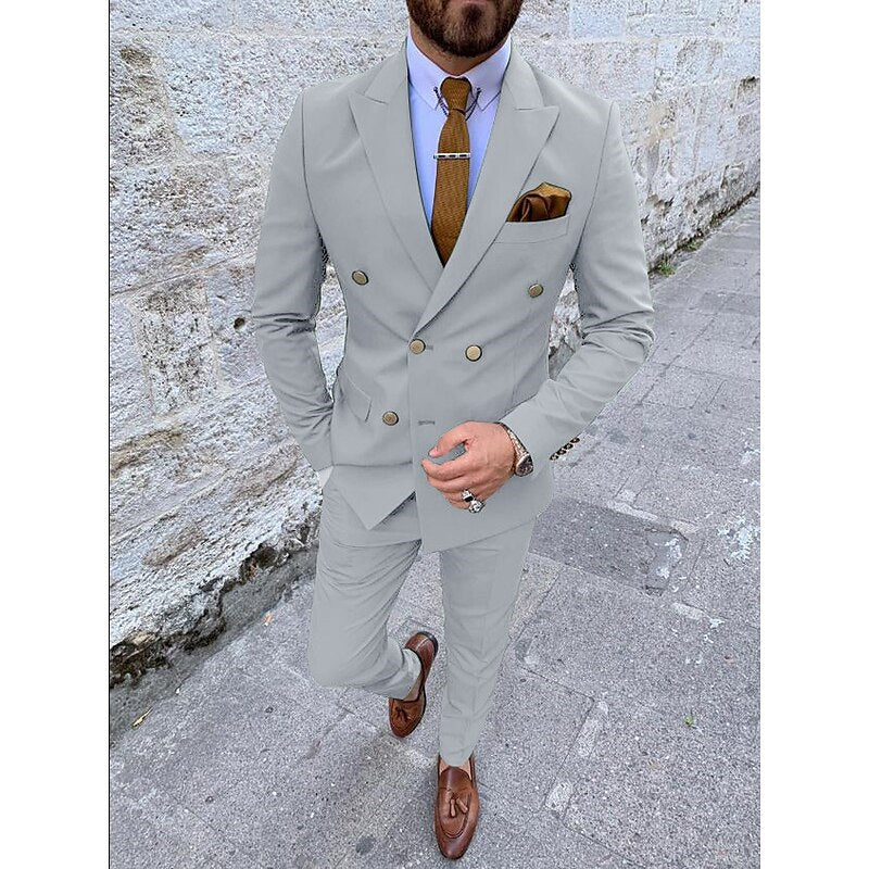 Double Breasted Six-Button Men's Wedding Suit In Solid Colors Tailored Fit 2-Piece Set