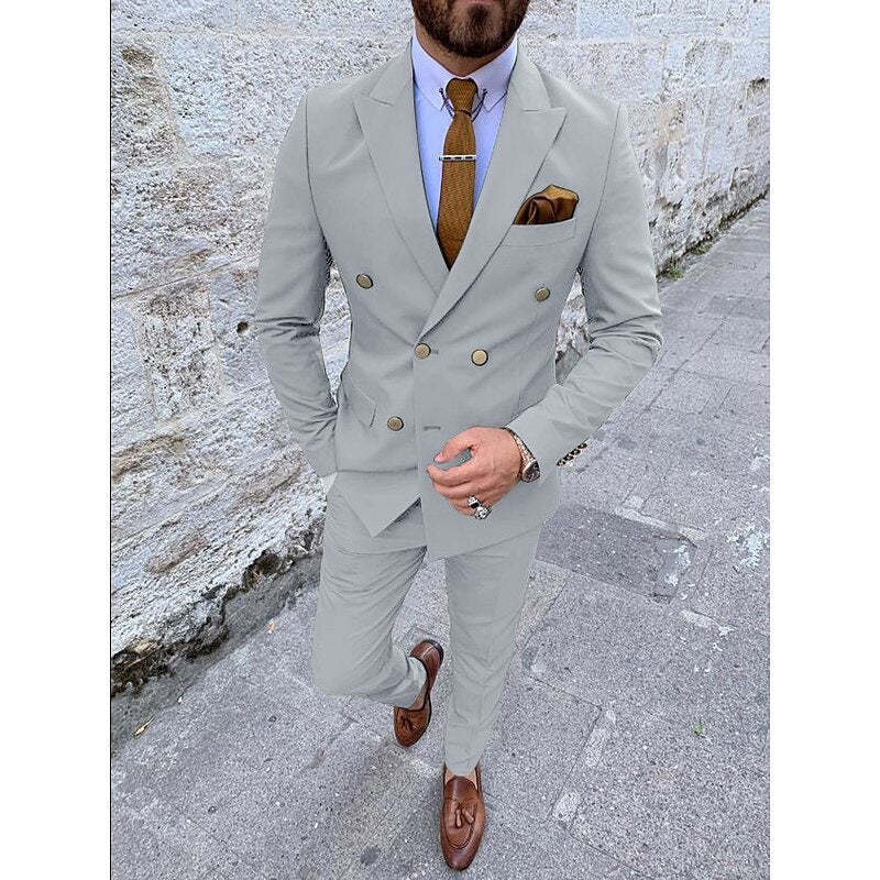 Double Breasted Six-Button Men's Wedding Suit In Solid Colors Tailored Fit 2-Piece Set