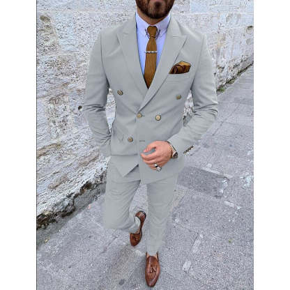 Double Breasted Six-Button Men's Wedding Suit In Solid Colors Tailored Fit 2-Piece Set