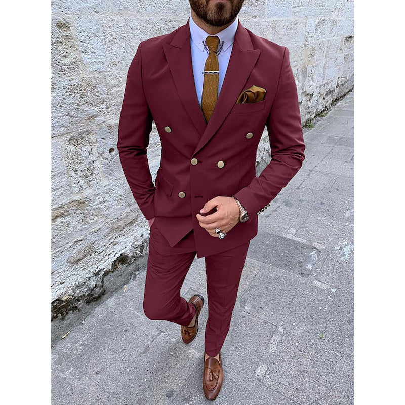 Double Breasted Six-Button Men's Wedding Suit In Solid Colors Tailored Fit 2-Piece Set