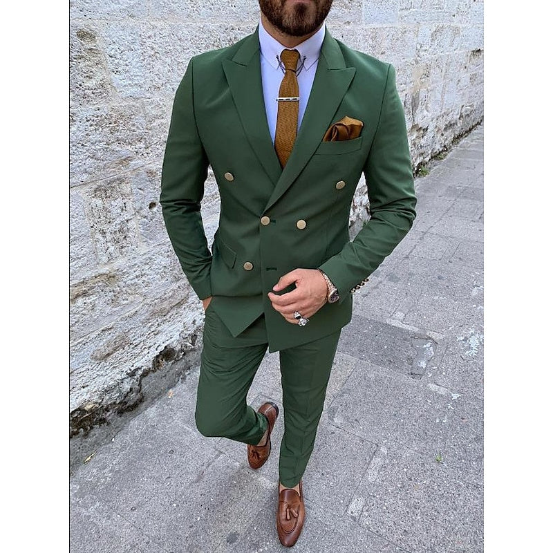 Double Breasted Six-Button Men's Wedding Suit In Solid Colors Tailored Fit 2-Piece Set