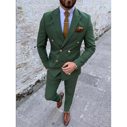 Double Breasted Six-Button Men's Wedding Suit In Solid Colors Tailored Fit 2-Piece Set