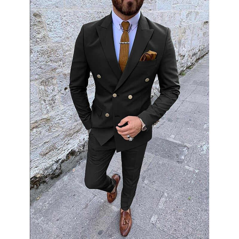 Double Breasted Six-Button Men's Wedding Suit In Solid Colors Tailored Fit 2-Piece Set
