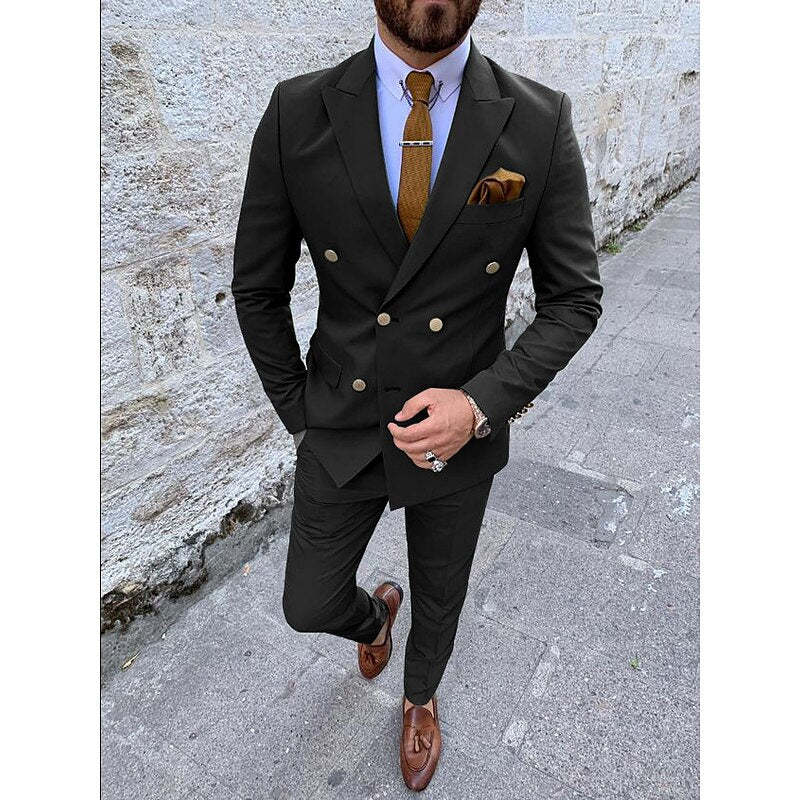 Double Breasted Six-Button Men's Wedding Suit In Solid Colors Tailored Fit 2-Piece Set