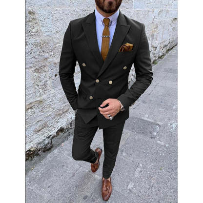Double Breasted Six-Button Men's Wedding Suit In Solid Colors Tailored Fit 2-Piece Set