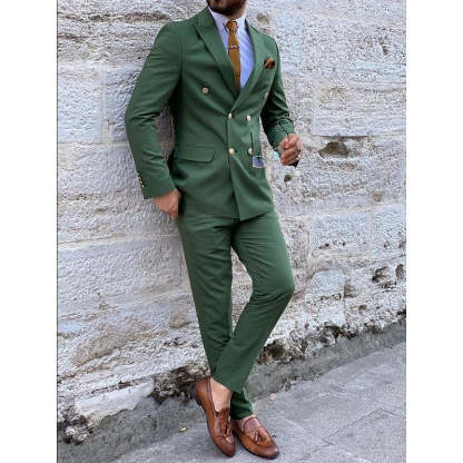 Double Breasted Six-Button Men's Wedding Suit In Solid Colors Tailored Fit 2-Piece Set