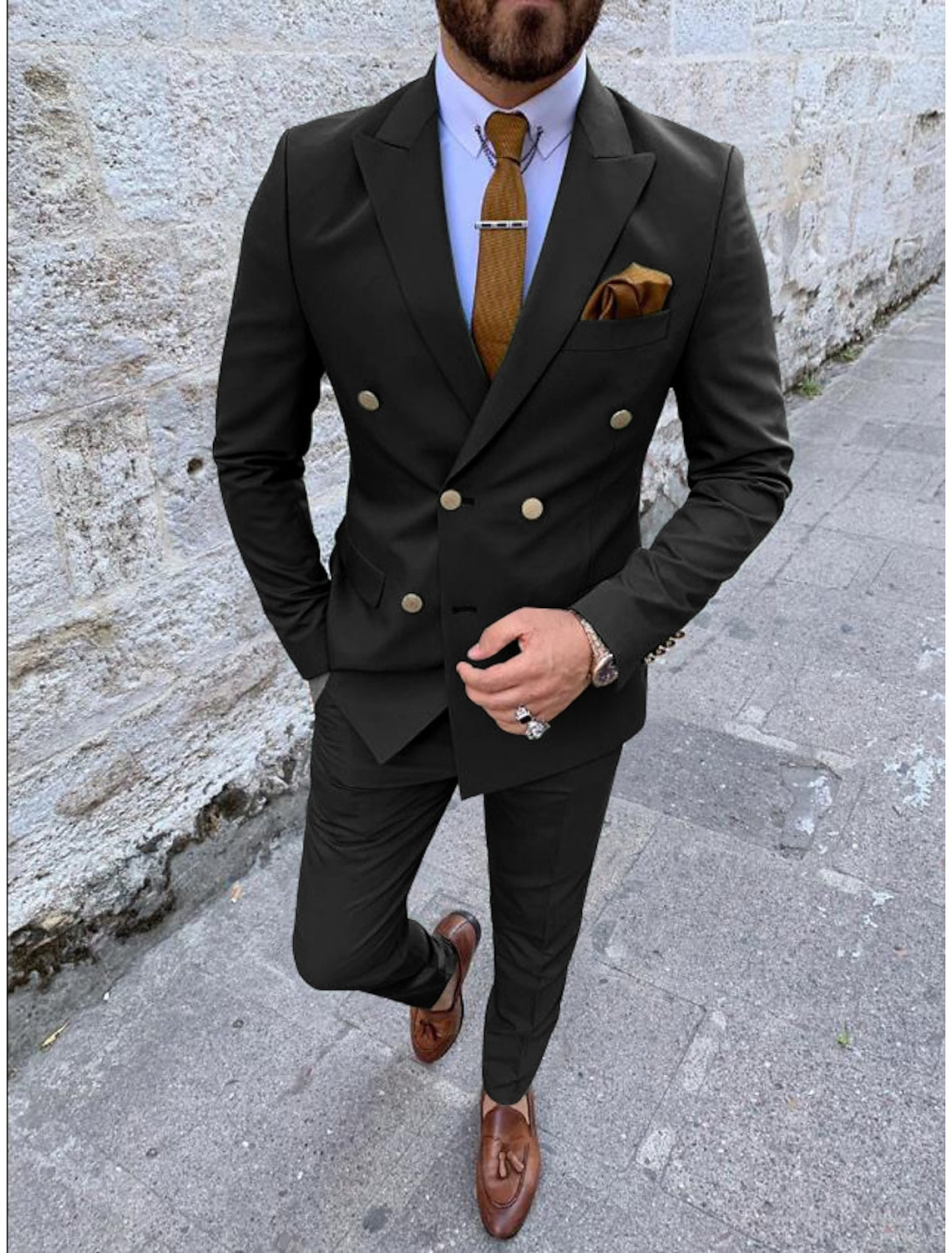 Double Breasted Six-Button Men's Wedding Suit In Solid Colors Tailored Fit 2-Piece Set
