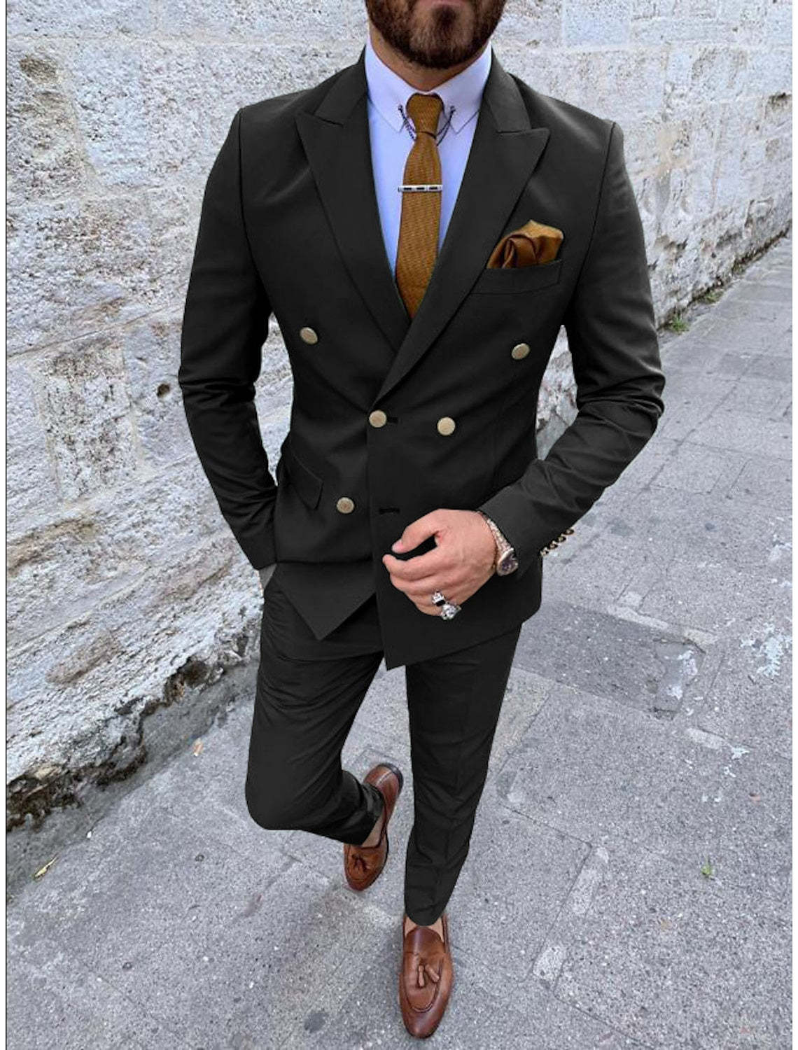 Double Breasted Six-Button Men's Wedding Suit In Solid Colors Tailored Fit 2-Piece Set