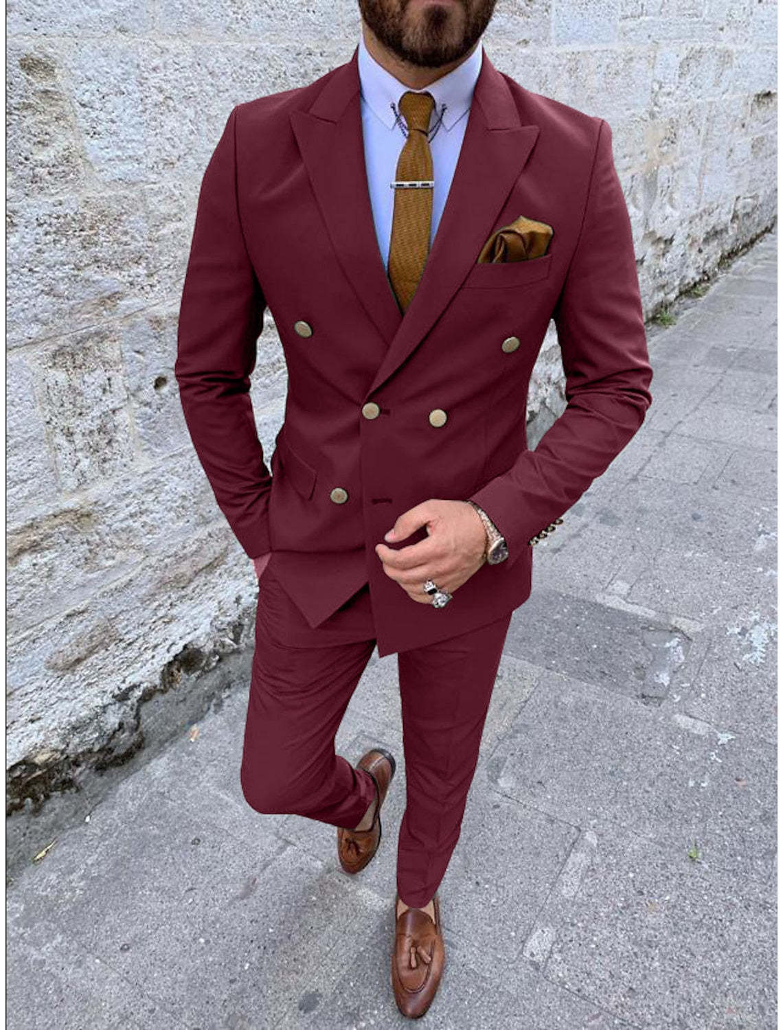 Double Breasted Six-Button Men's Wedding Suit In Solid Colors Tailored Fit 2-Piece Set