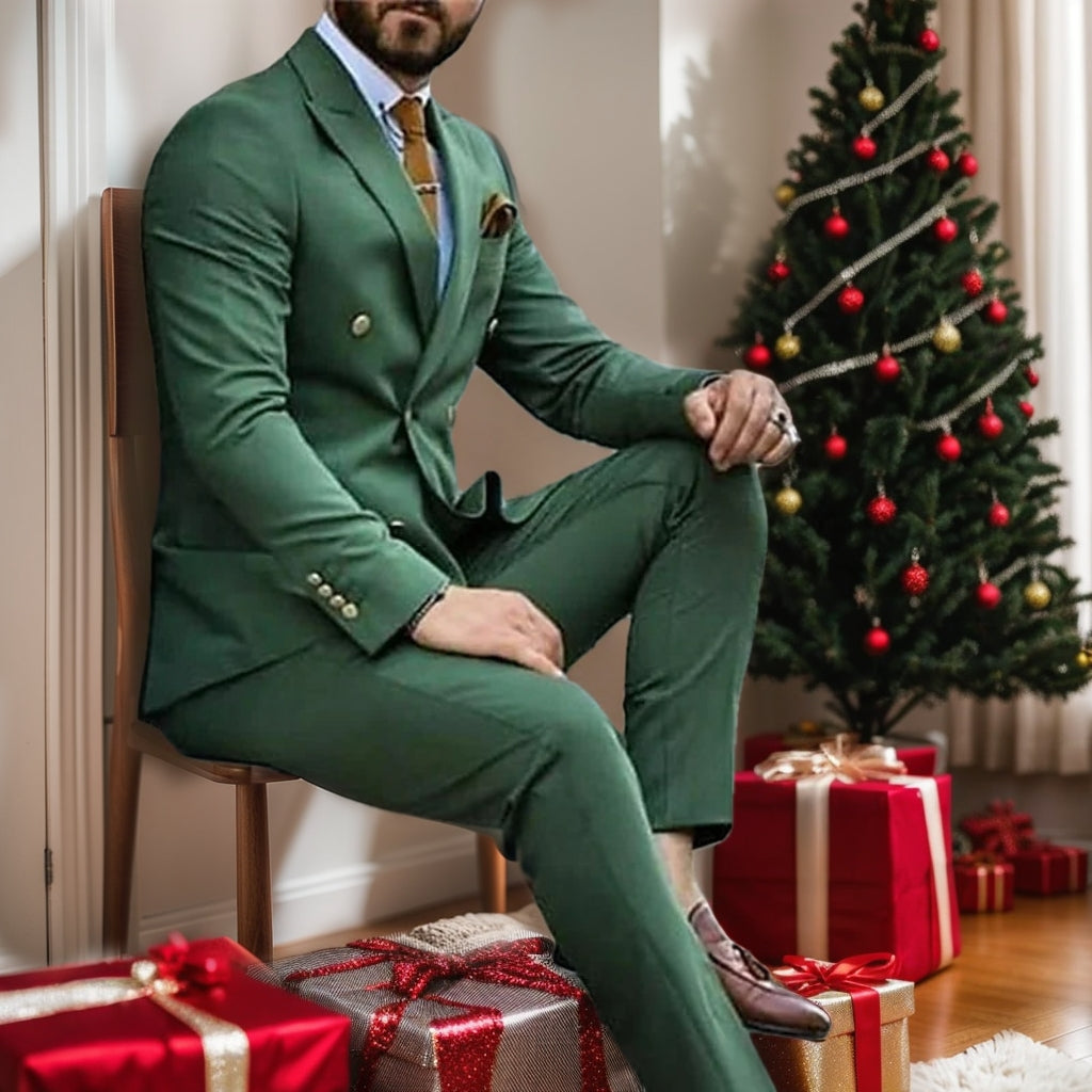 Double Breasted Six-Button Men's Wedding Suit In Solid Colors Tailored Fit 2-Piece Set