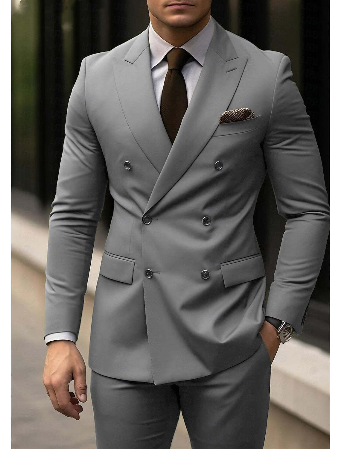 Light Grey Men's Double Breasted 6-Button Tailored 2-Piece Wedding Suit