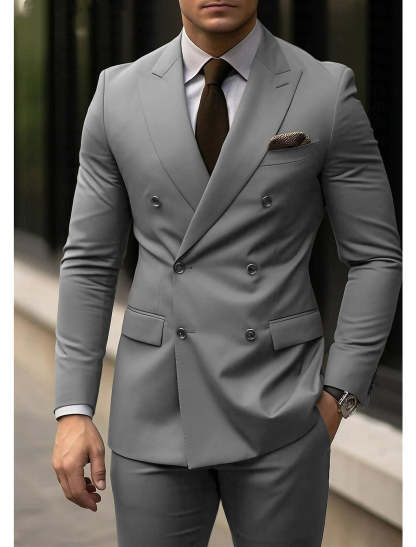 Light Grey Men's Double Breasted 6-Button Tailored 2-Piece Wedding Suit