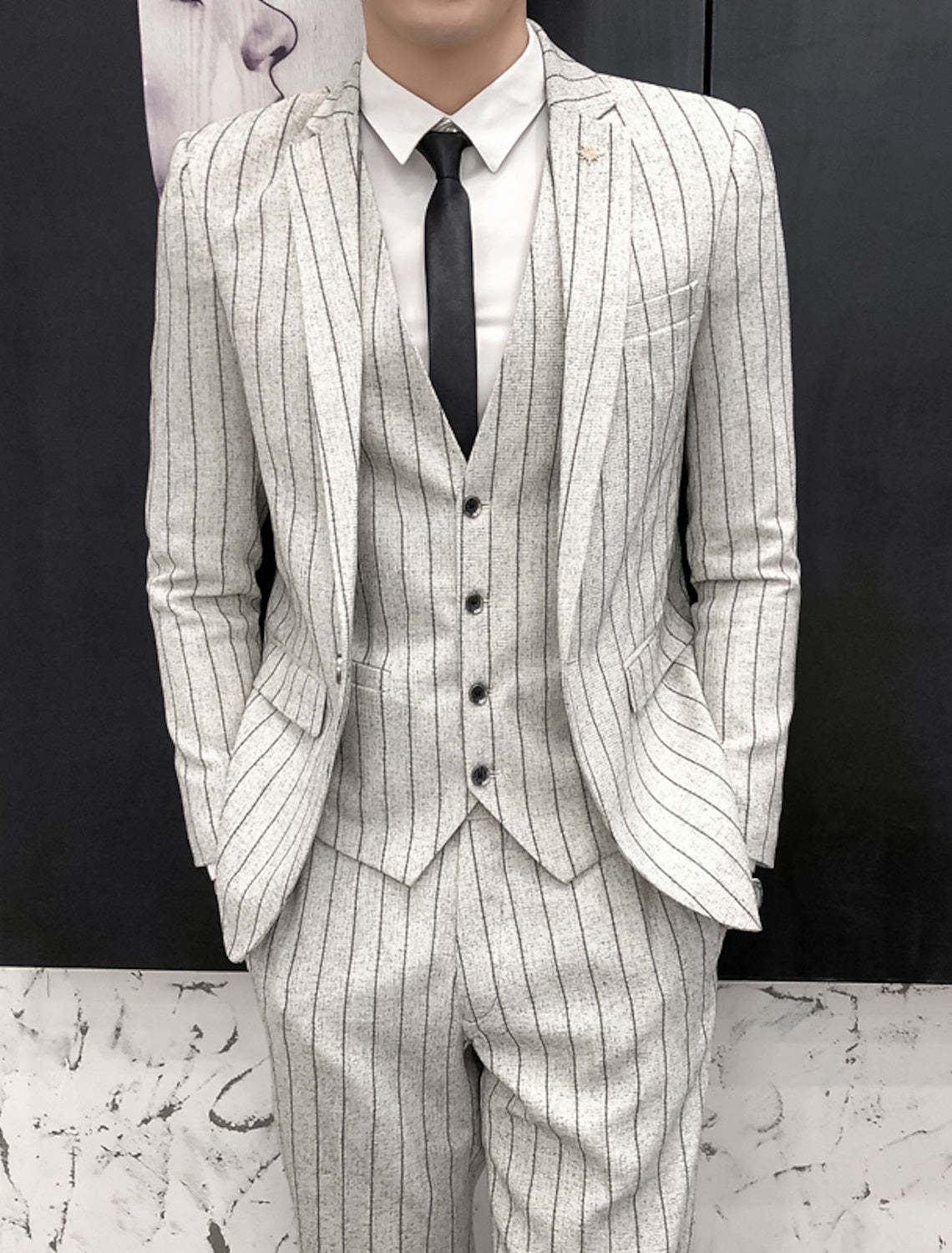 Black And Ivory Three-Piece Single-Button Wedding Suit For Men Tailored Fit