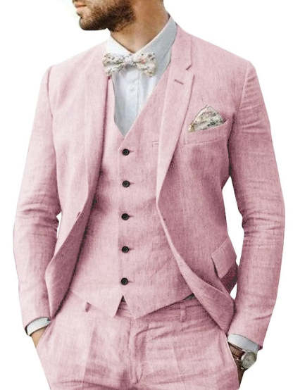 Tailored Fit Men's Linen Wedding Suit In 3 Pieces With Single Breasted Two-Buttons