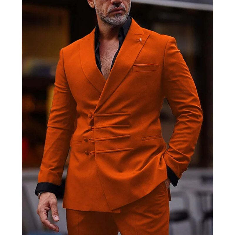 Double Breasted Six-Button Tailored Fit 2-Piece Suit For Men In Solid Colors