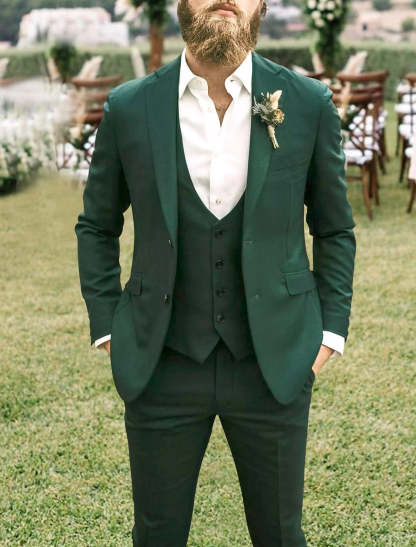 Dark Green Three-Piece Wedding Suit For Men Tailored Fit With Single-Breasted Two-Button Design