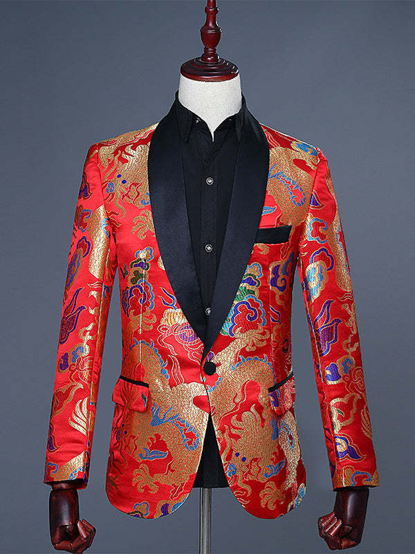 Single-Button Polyester Jacquard Wedding Suit For Men With A Tailored Fit And Turndown Collar