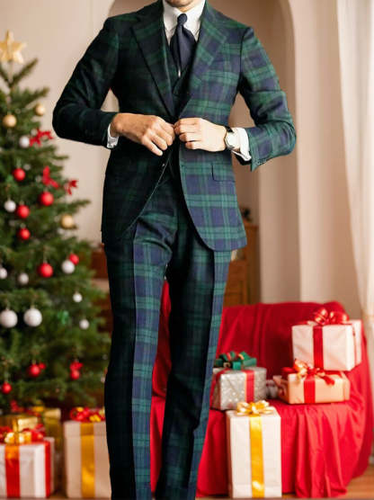 Men's Dark Green Plaid Wedding Suit - Tailored Fit Single Breasted 3 Piece With Two Buttons