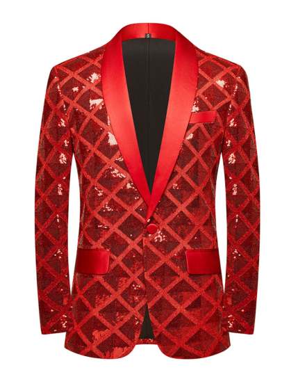 Fashionable Red Cube Sequin Suit For Men's Leisure And Party Wear