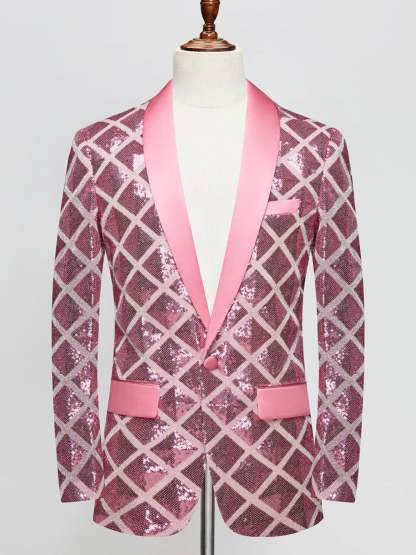 Fashionable Red Cube Sequin Suit For Men's Leisure And Party Wear