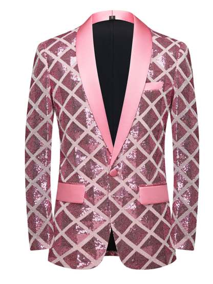 Fashionable Red Cube Sequin Suit For Men's Leisure And Party Wear