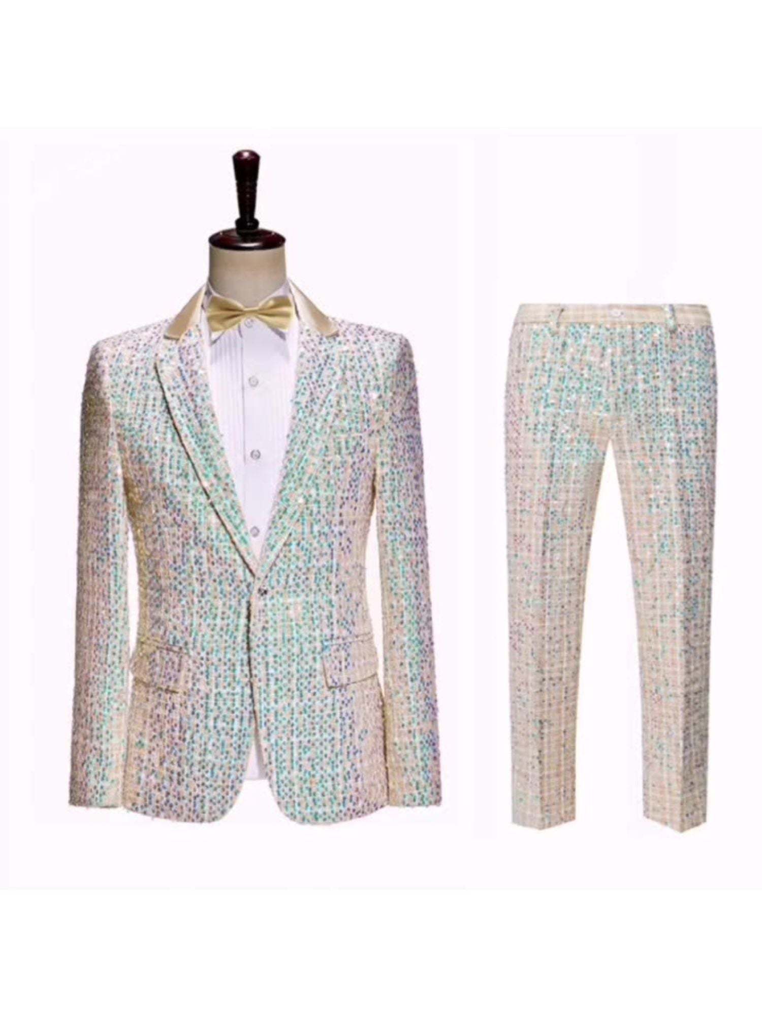 Champagne Sequin Two-Piece Wedding Suit For Men Slim Fit With Single Button