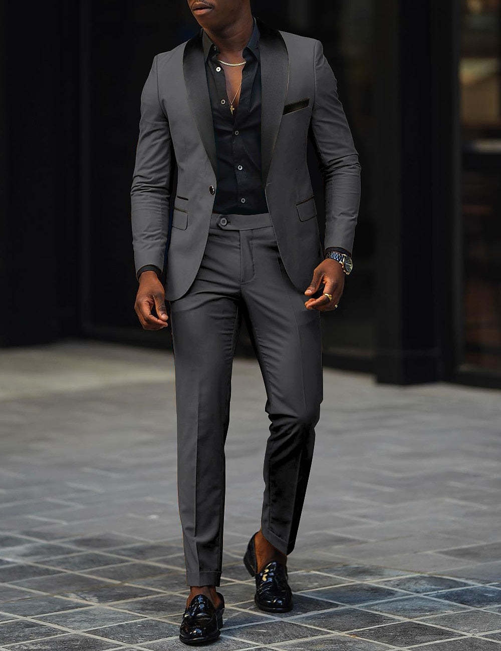 Men's Dark Gray Tailored Fit Single-Breasted One-Button 2-Piece Prom And Wedding Suit