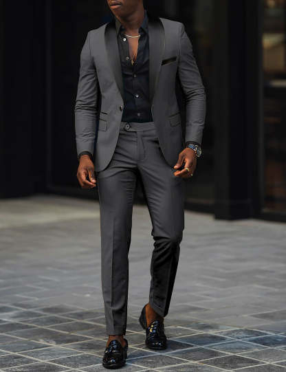 Men's Dark Gray Tailored Fit Single-Breasted One-Button 2-Piece Prom And Wedding Suit