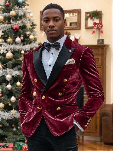 Men's Standard Fit Double Breasted Vintage Velvet Blazer With Six Buttons And Colored Patchwork