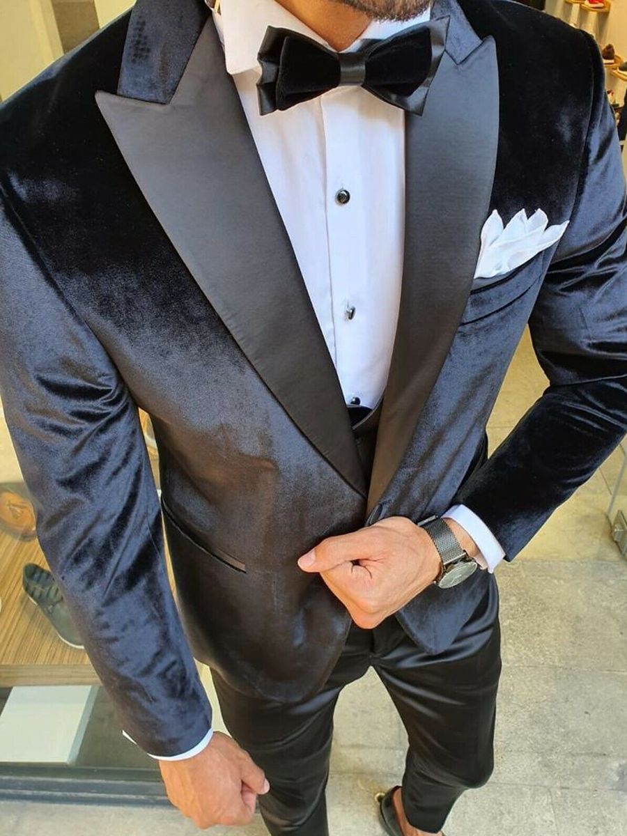 Men's Vintage Velvet Single-Breasted One-Button Jacket in Black Blue and Burgundy