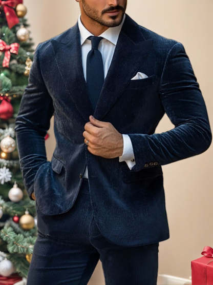 Men's Solid Navy Blue Corduroy Party Jacket With Two Buttons