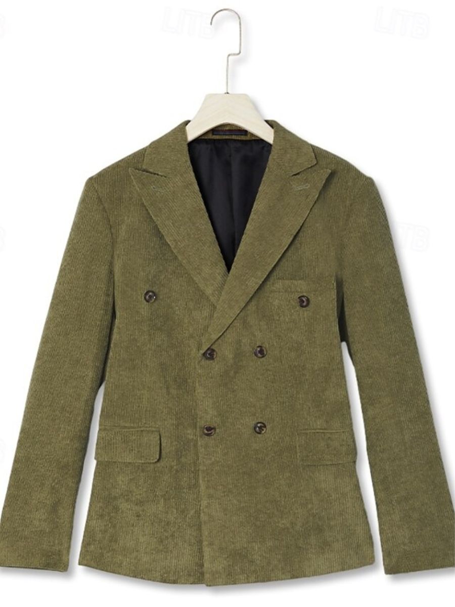 Men's Sage Corduroy Peak Neck Regular Fit Single Or Double Breasted Six-Button Party Jacket