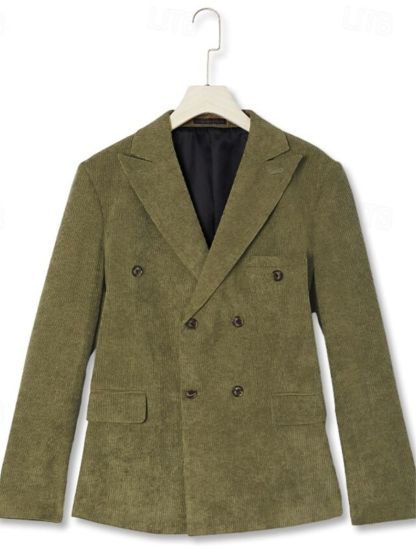 Men's Sage Corduroy Peak Neck Regular Fit Single Or Double Breasted Six-Button Party Jacket