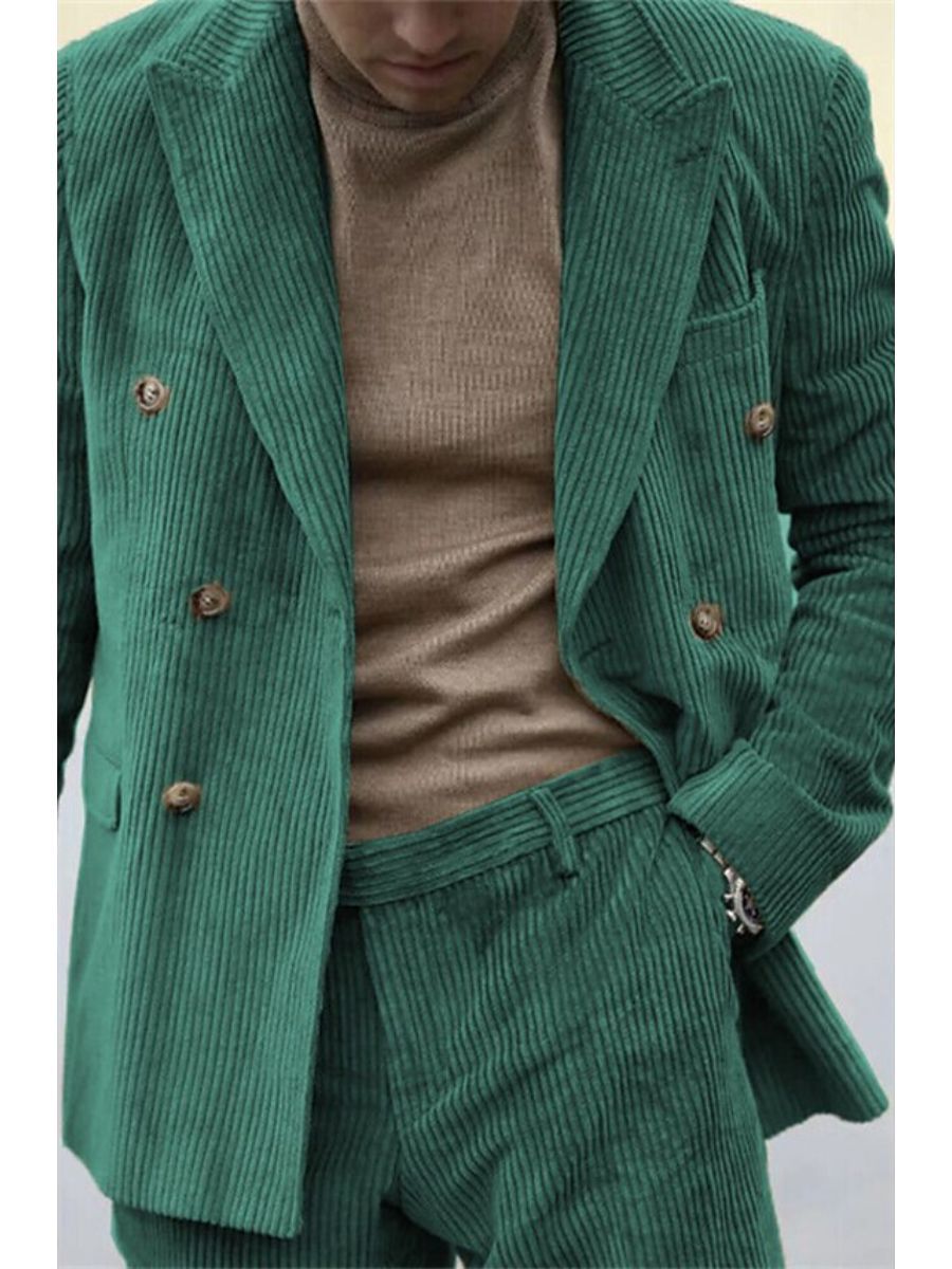 Men's Sage Corduroy Peak Neck Regular Fit Single Or Double Breasted Six-Button Party Jacket