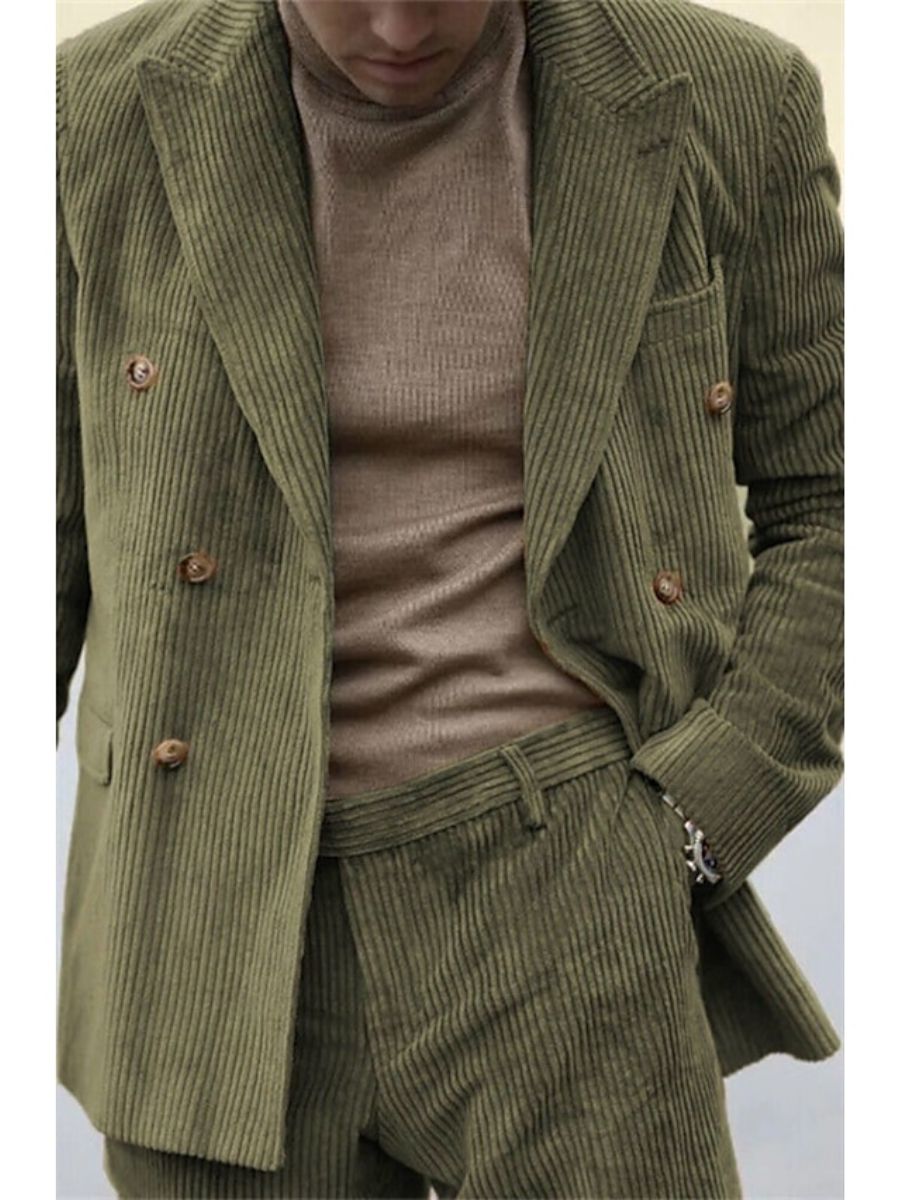 Men's Sage Corduroy Peak Neck Regular Fit Single Or Double Breasted Six-Button Party Jacket