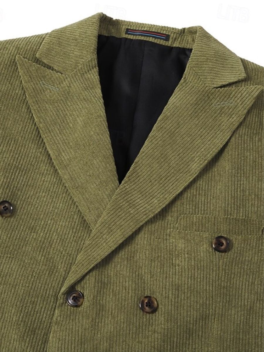 Men's Sage Corduroy Peak Neck Regular Fit Single Or Double Breasted Six-Button Party Jacket