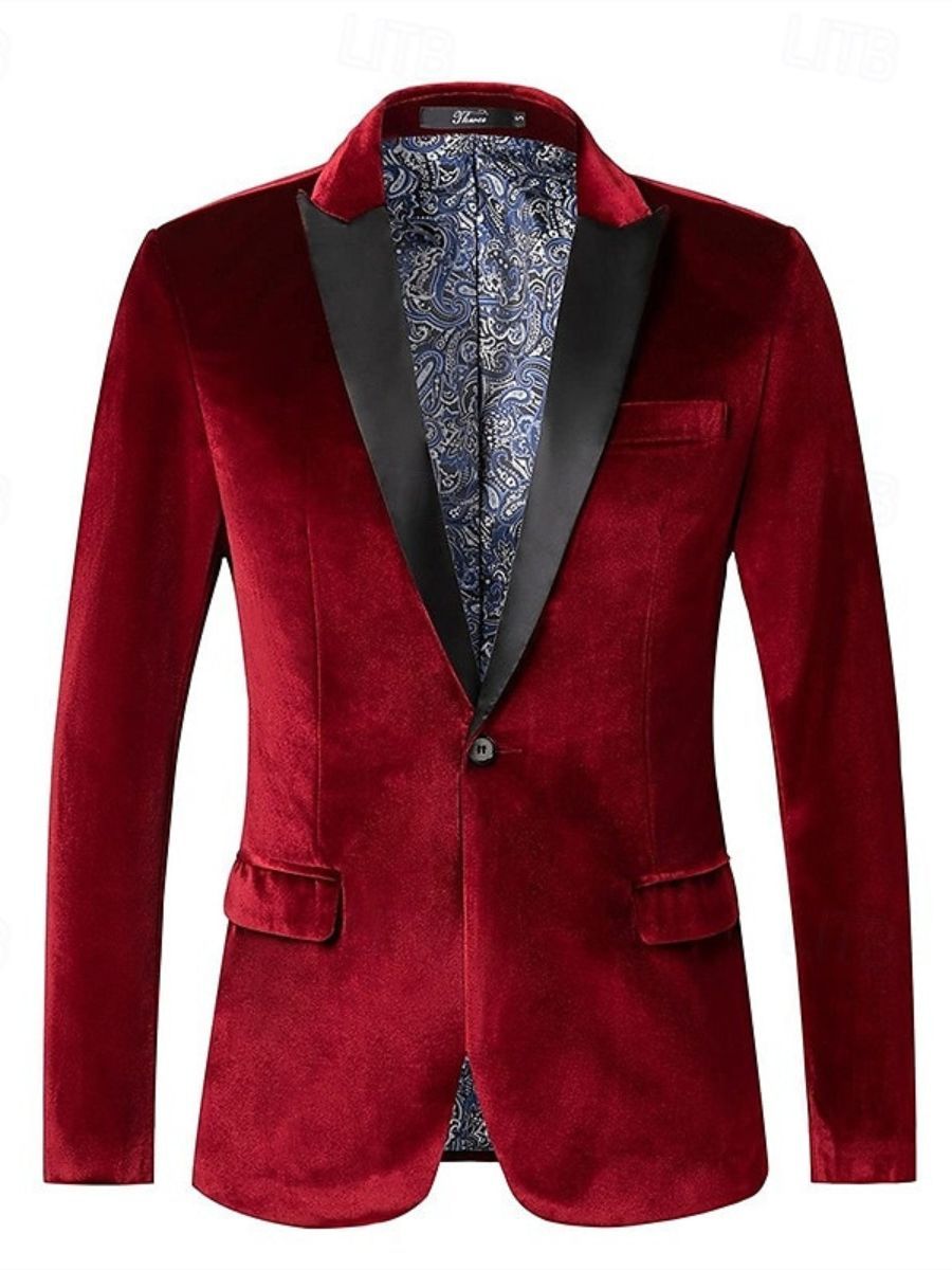 Men's Velvet Red Blazer With Peak Neck And Single-Button Closure