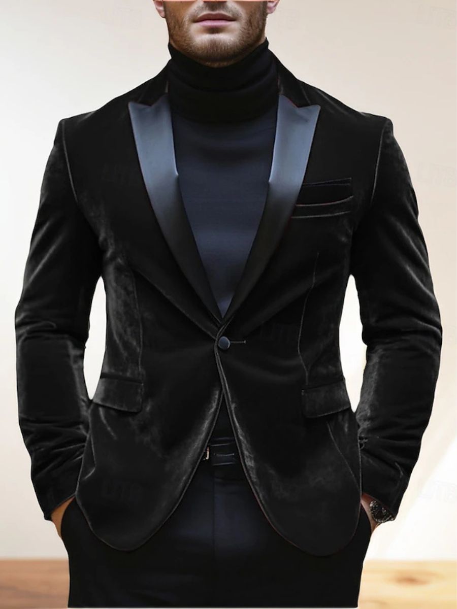 Men's Velvet Red Blazer With Peak Neck And Single-Button Closure