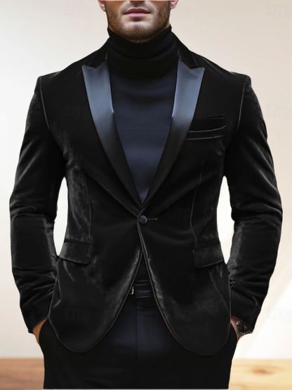 Men's Velvet Red Blazer With Peak Neck And Single-Button Closure