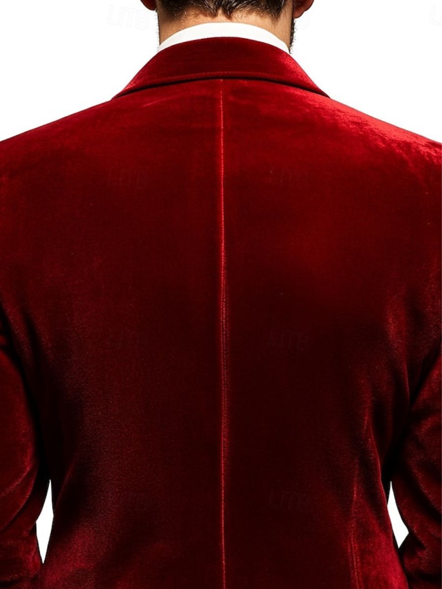 Men's Velvet Red Blazer With Peak Neck And Single-Button Closure