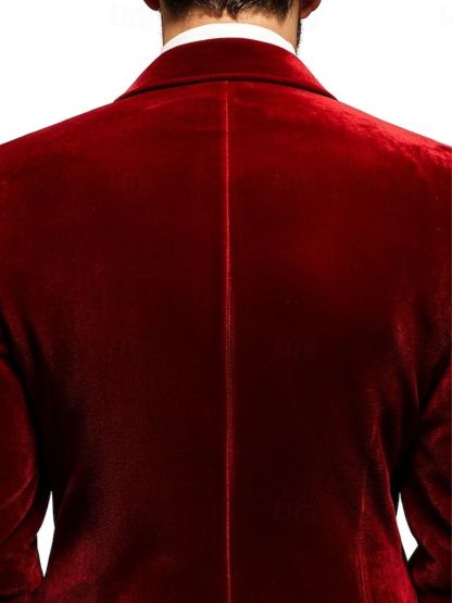 Men's Velvet Red Blazer With Peak Neck And Single-Button Closure