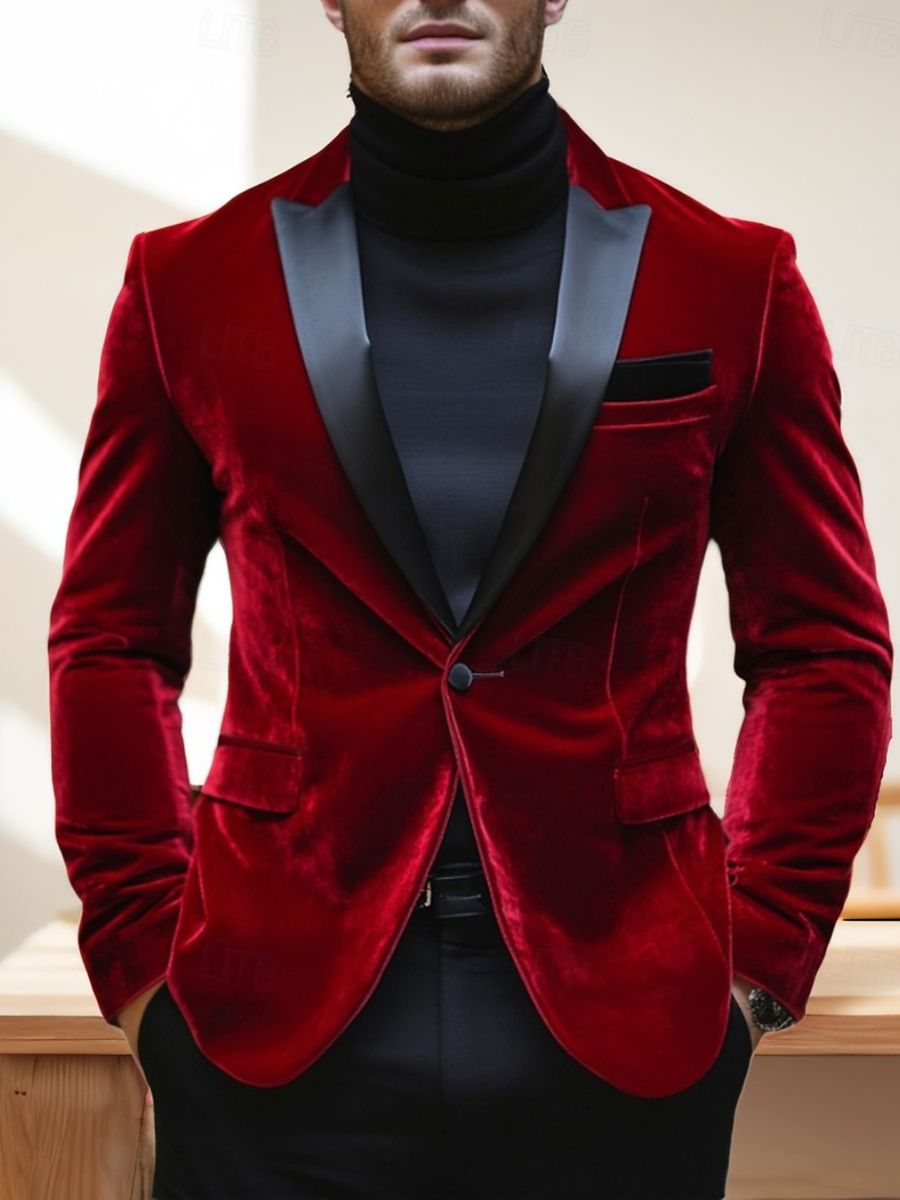 Men's Velvet Red Blazer With Peak Neck And Single-Button Closure