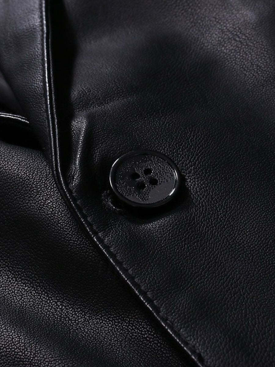 Solid Color Black Pu Leather Blazer For Office Work