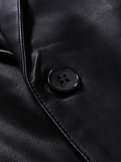 Solid Color Black Pu Leather Blazer For Office Work