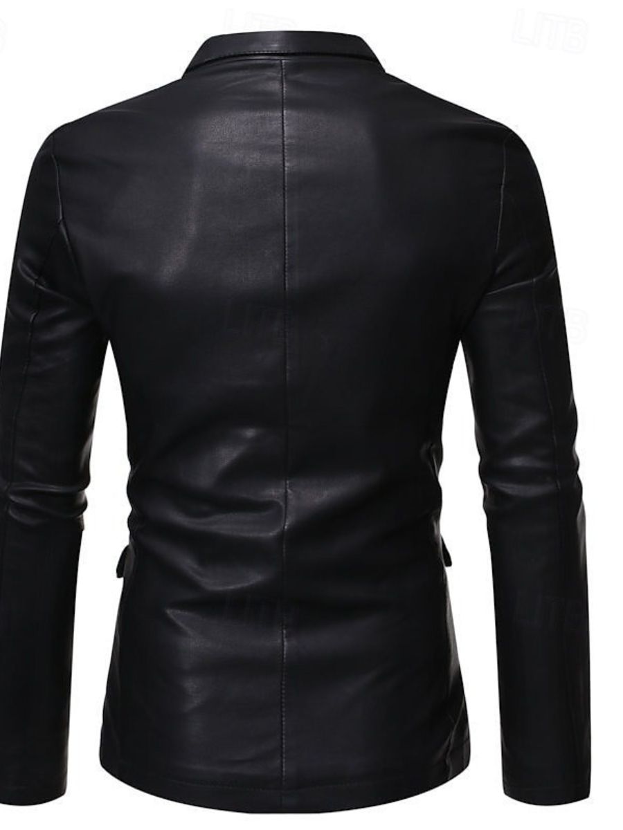 Solid Color Black Pu Leather Blazer For Office Work