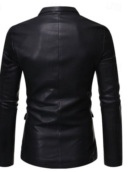 Solid Color Black Pu Leather Blazer For Office Work