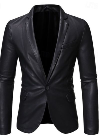 Solid Color Black Pu Leather Blazer For Office Work