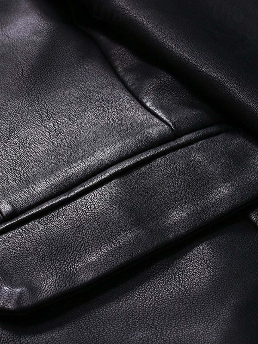 Solid Color Black Pu Leather Blazer For Office Work